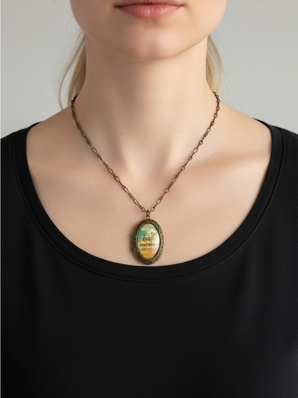 9/24 Oval Locket Necklace in Antique Brass with Green and Yellow